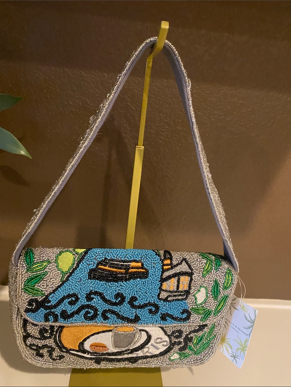 Viral Paris Beaded Blue & Silver Handbag with Tropical Motif